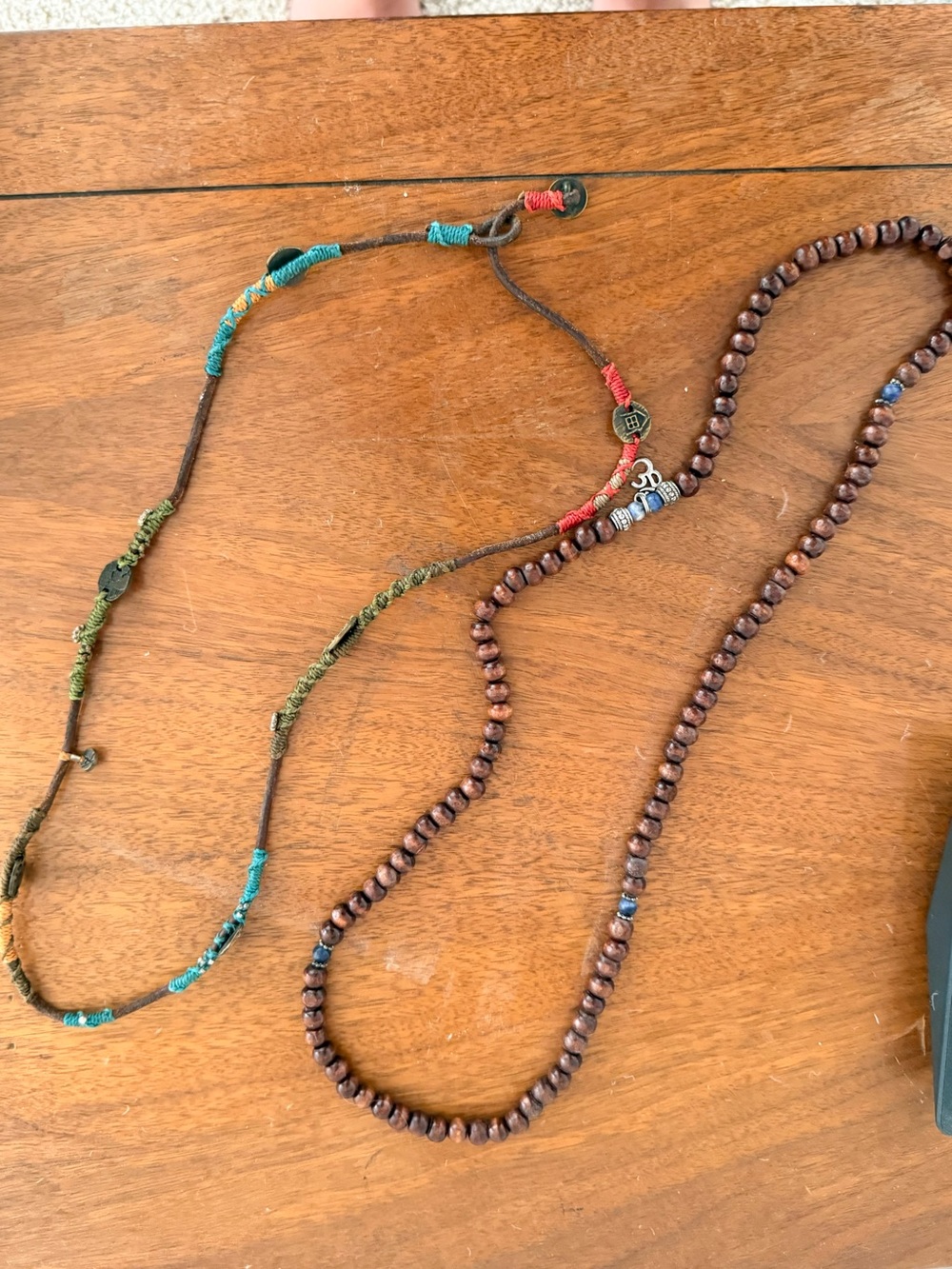 2 Boho Beaded Necklaces – Wood Beads, Hemp Cord Style & Om Charm
